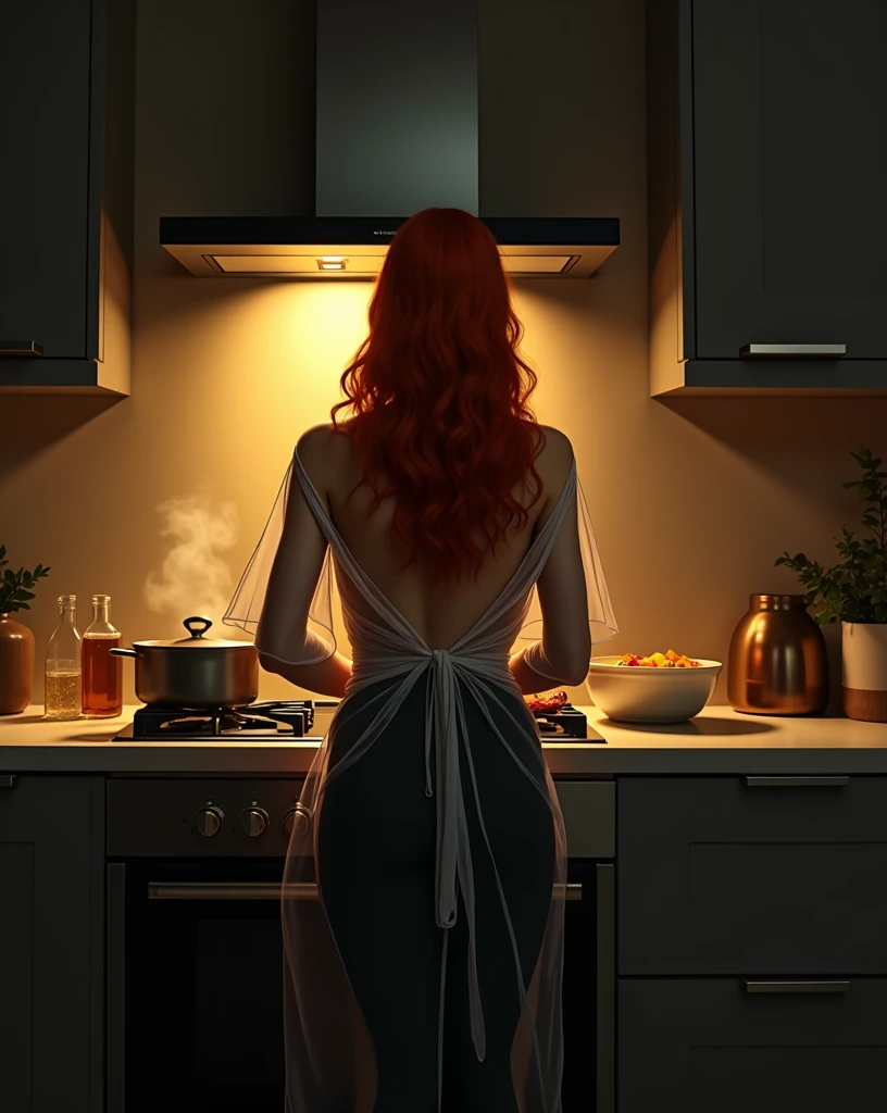 Photographed on Canon EOS R5. slim build, slim waist, wide hips, firm buttocks, very large breasts. Full-length rear view. Red-haired girl in a semi-transparent robe cooks at the stove in the kitchen.  Modern designer kitchen in dark gray tones. Dim yellow light.