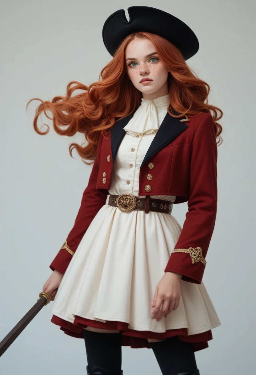 A young red-haired woman with long, flowing hair, green eyes, and freckles on her face, dressed in a form-fitting, elegant red musketeer outfit without a hat. Her attire includes a tailored jacket, high boots, and a belt, giving her a strong and confident appearance. She holds a musket in one hand, ready for action, with her outfit accentuating her figure modestly while maintaining a heroic and adventurous look