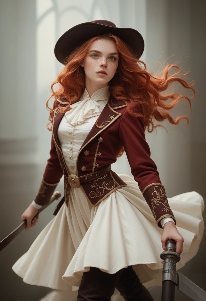 A young red-haired woman with long, flowing hair, green eyes, and freckles on her face, dressed in a form-fitting, elegant red musketeer outfit without a hat. Her attire includes a tailored jacket, high boots, and a belt, giving her a strong and confident appearance. She holds a musket in one hand, ready for action, with her outfit accentuating her figure modestly while maintaining a heroic and adventurous look