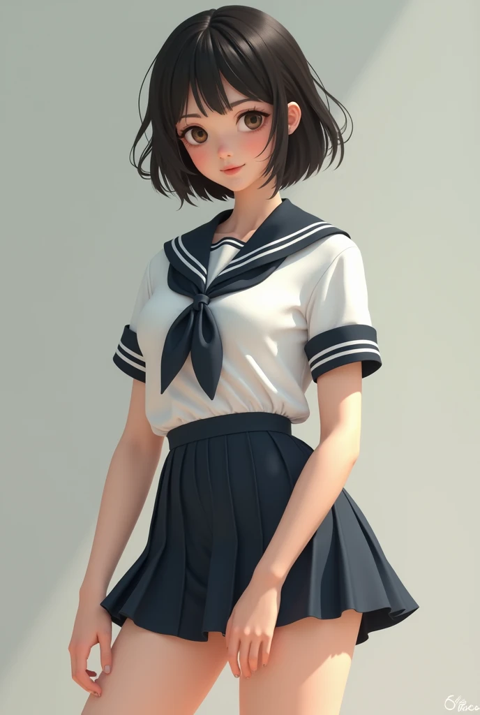 A beautiful short-haired girl in a high school uniform with big thighs without clothes
