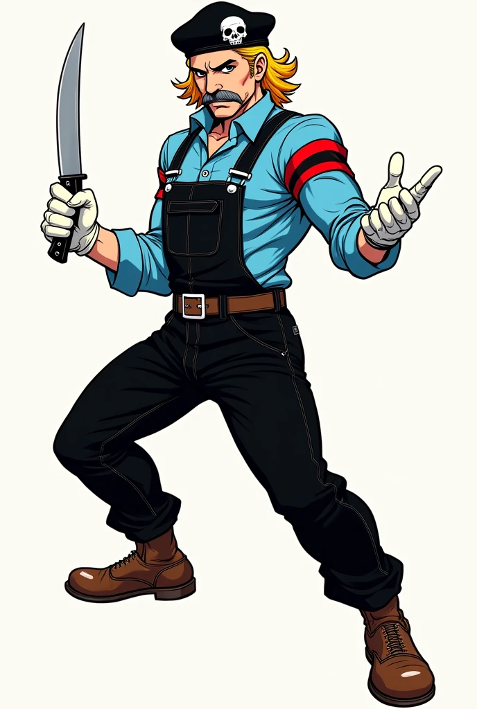 (Manga Type Drawing) Man Wearing black overalls, a sky blue long-sleeved shirt with red stripes, white gloves, brown boots, a trimmed gray mustache, yellow and gold hair, a beret with a skull in the center, holding a knife with his right hand and extending his left hand ,perfect