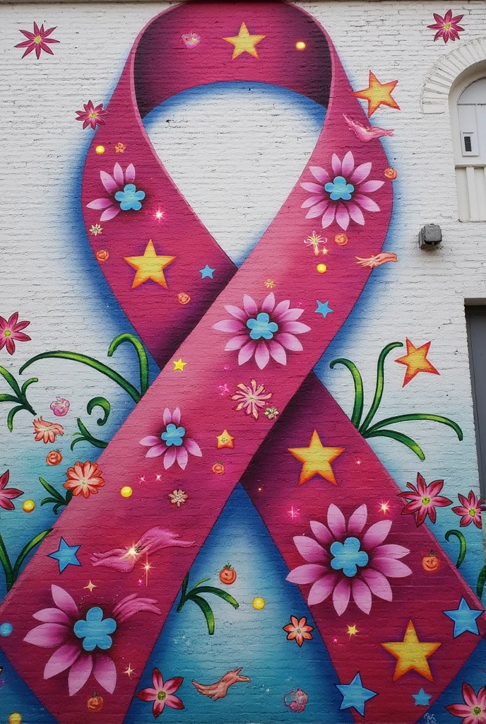 Create an image that represents a colorful and inspiring mural dedicated to Cancer Awareness Month. Imagine a large mural on a brick wall, with the surface covered by a collage of art in different styles, including watercolor and graphite. In the center of the mural, place a pink bow wrapped in an arch of flowers and stars. ao redor, add representations of various symbolic elements such as joined hands, hearts and handwritten messages of hope. Use vibrant, contrasting colors to create a sense of energy and optimism., and add details like paint strokes and graphics to give a sense of movement and vitality."