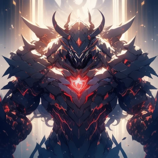 A bull demon king in a  fighting stance, surrounded by a vibrant aura of battle-ready cow orcs. The demon's body is adorned with metal armor and a fur cloak, intricately detailed to reflect the power and brutality of its kind. Its brown, scar-riddled skin glistens with sweat under the intense rays of sunshine, showcasing its robust physique. Fangs protrude menacingly from the demon's mouth, which is twisted into a hideous smile that exudes confidence and ferocity. The creature's eyes are sharp and gleaming, filled with the intent to conquer, while its blood vessels bulge with each heartbeat, emphasizing its vitality and readiness for combat. The bull demon's fur resembles a mane, fluttering in the wind, and its red headwear is adorned with shimmering gems that complement the light effects of the scene. Thimble gloves cover its hands, hinting at a surprising finesse amidst brute strength. The scene is bathed in the warm glow of cinematic lighting, highlighting the muscular abs and the humongous chest of the demon, which stands out as a symbol of dominaach detail, from the wet effect on the skin to the lively smile, is a testament to the artist's mastery of vibrancy and texture. The sun-kissed landscape is bathed in brightness, setting the stage for an epic clash where magic and might converge to fight the eternal battle between light and darkness. The bull demon's short, shiny hair and super-shiny skin enhance the overall grandeur of the image, making every line and curve of its body a testament to its power. The perfect posture, nose, and eyes of the creature, combined with the lively smile, create an engaging and powerful presence that draws the viewer into the heart of the action. This visual feast is a celebration of strength and beauty, captured with the dramatic flair of a Hollywood blockbuster, leaving the audience in awe of the meticulously crafted world and the formidable creature that dominates it