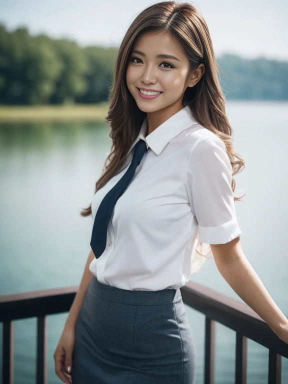 Tabletop, Highest quality, Realistic, Very detailed, finely, High resolution, 8k wallpaper, One beautiful woman,, Light brown messy hair, Wear a business suit, Short skirt、Sharp focus, Perfect dynamic composition, finelyて美しい目, Thin Hair, Detailed and Realistic skin texture, smile, Model body type、Beautiful feet、Standing by the lake、