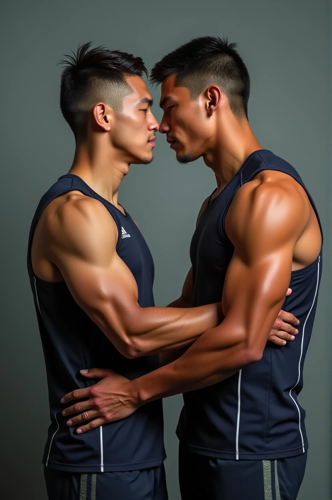 Asian young rugby player A and Asian rugby player B。A has a buzz cut and dark skin、Muscular。Wearing sleeveless rugby uniforms。B has short hair and is a muscular jock。B licks A's nipples。Touching each other's crotches