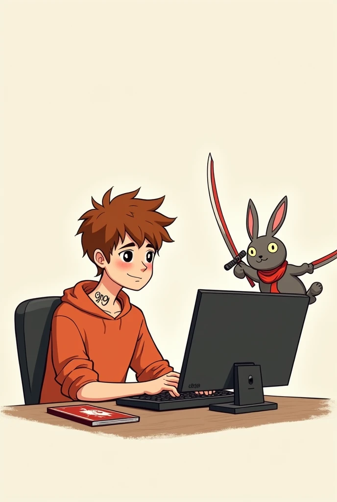 A game guy doing live on the computer, offwhite, chestnut hair, nose a little big, no beard, Youngh, appearance of with 1 small and unique tattoo on the neck written " GN9 ", and with a ninja rabbit holding two swords by his side as his pet. make paper drawing style