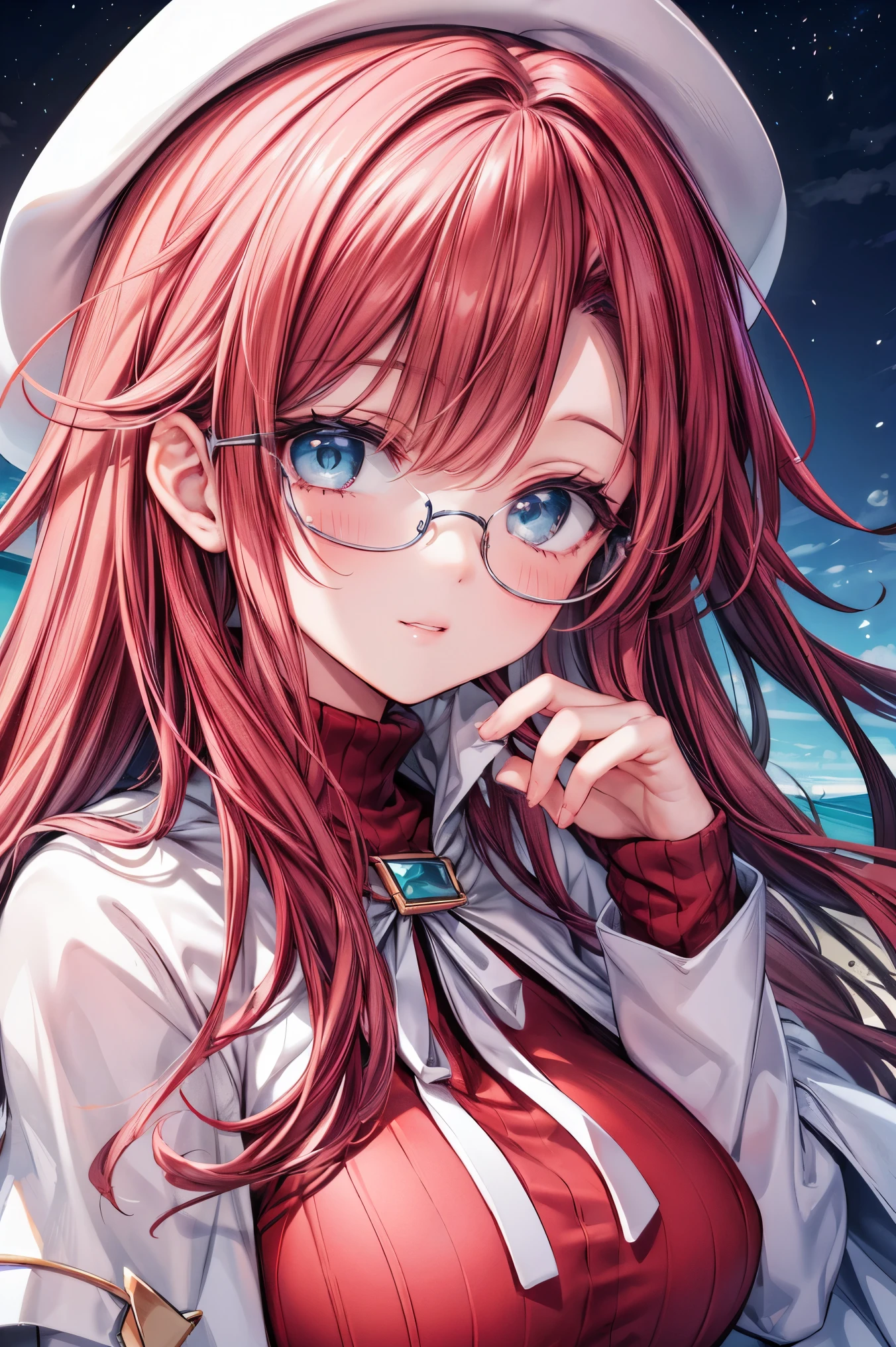 summonnightaty, aty, (young:1.3),long hair, blue eyes, red hair, big_tits, hat, glasses, BREAK long hair,, hat, dress,glasses, cape, sweater, beret,ribbed sweater,,solo, BREAK outdoors, fantasy, BREAK (masterpiece:1.2), best quality, high resolution, unity 8k wallpaper, (illustration:0.8), (beautiful detailed eyes:1.6), extremely detailed face, perfect lighting, extremely detailed CG, perfect anatomy),covered_nipples,half_eyes,sleepy_eyes,red_sweater,magical_effect,,Smile,closed_mouth,solo,in_modern_town_landscape,night_sky,solo,portrait,bust up,looking_viewer,shiny_lips,blush
