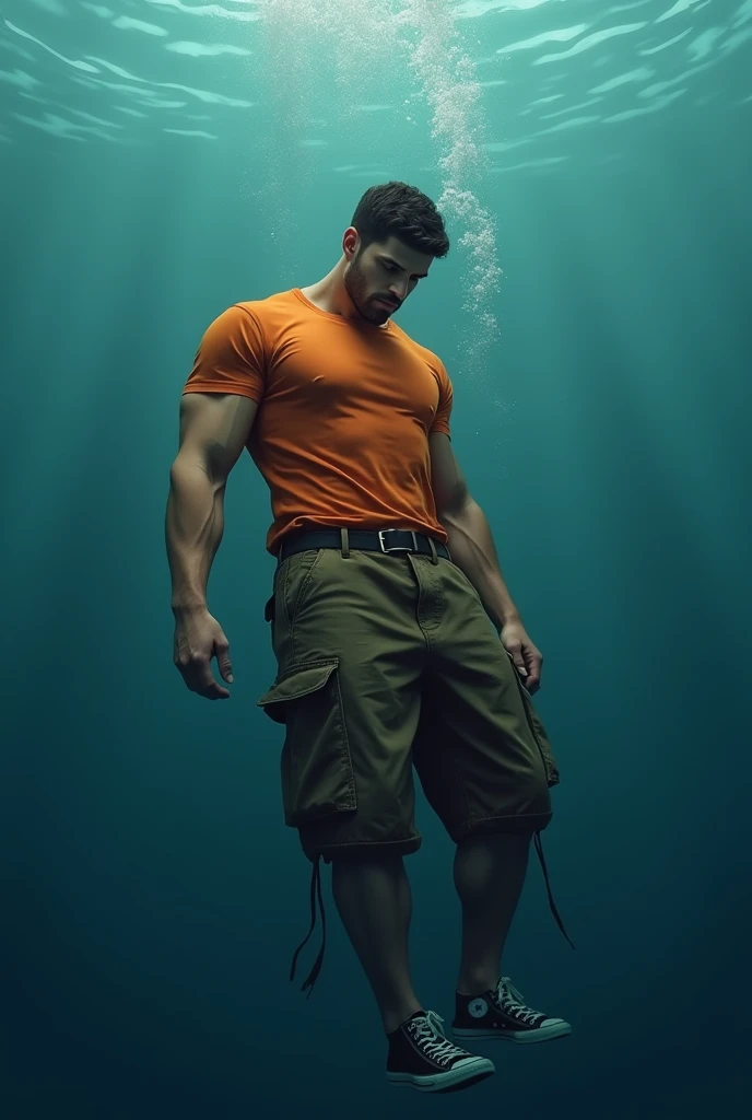 Muscular man wearing a shirt with long shorts Long loose shorts With pockets on the sides with converse sneakers Orange T-shirt and brown shorts Long short, long short, long Sinking under the water releasing bubbles this unconscious and defeated perspective in profile