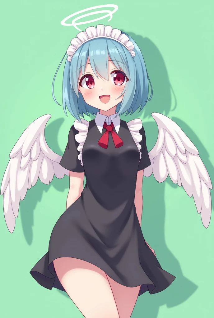 
Maid cafe maid with short blue hair, Red eyes, a sensual and happy expression, age range between 18 and 26 years, with angel wings, black uniform, anime style completely in 2D, with pastel colors, with a completely flat and green background