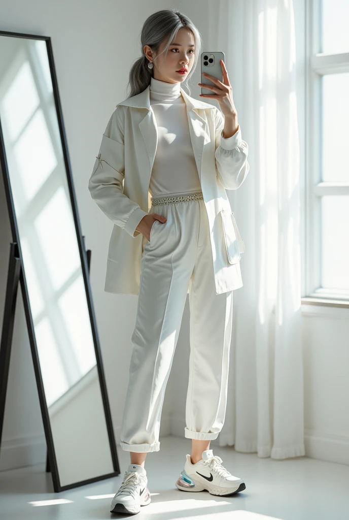 highly detailed, beautiful, hyper Realistic girl, masterpiece, best quality, Japanese sexy gravure woman, 28 years old, identity hidden, takes a selfie in her room using a smartphone in front of a mirror with one hand, fashion model Posing, standing, looking away from the camera, /// gray arranged hair, light color eyes, Realistic skin, Detailed face, /// white-themed, futuristic-inspired casual fall outfit. The ensemble should feature a high-collared, white long shirt with metallic accents, paired with a sleek, form-fitting turtleneck in a soft white fabric. Combine this with high-waisted white joggers made from a lightweight, tech-inspired material. Footwear should include white, futuristic sneakers with transparent soles. Accessories might involve a slim, metallic belt and a minimalist white crossbody bag with holographic details. The overall look should blend modern functionality with futuristic elements, offering a fresh, forward-thinking take on autumn fashion, /// Monotone simple modern taste single room, mirror, complicated background