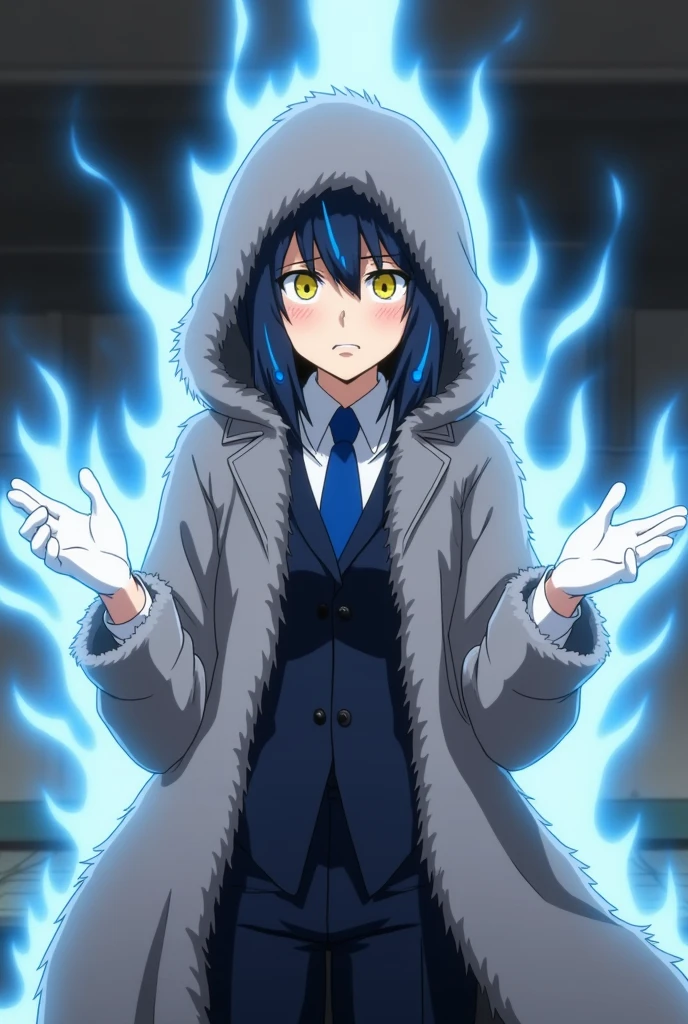 Screenshot of my hero academy, Girl with navy blue hair and lighter blue streaks, yellow eyes, Light skin and a slightly confused, frowning expression. While wearing a dark suit that covers his torso up to above his thighs, While wearing a furry grey coat, He wears the hood of his coat over his head.,He is wearing dark wide trousers, And some white gloves, While around it there are some blue rays, And blue rays also come out of his hands.