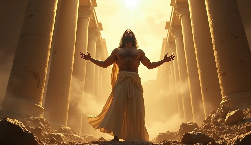 Samson in a moment of sacrifice, with hands raised up, columns crumbling around you. Divine light shines upon him, with contrasting colors like gold and gray. The expression is one of peace and acceptance.