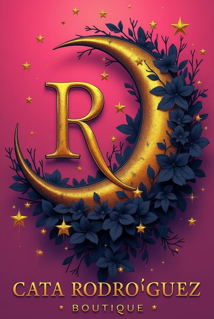 A gothic crescent moon with gold and black color with stars, Pink background , In the middle the capital letter R and at the bottom the phrase CATA RODRÍGUEZ BOUTIQUE in capital letters