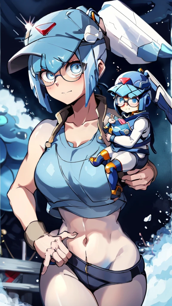 Leviathan_Megamanz, 1 Girl ,Looking at the viewer , blue hair, Blue eyes,marriage altar background , Blushed, Wedding ring, Fío Germi Cosplay , Glasses, Holding a  girl in hands, Sitting, Cap, ponytail coming out from behind the cap