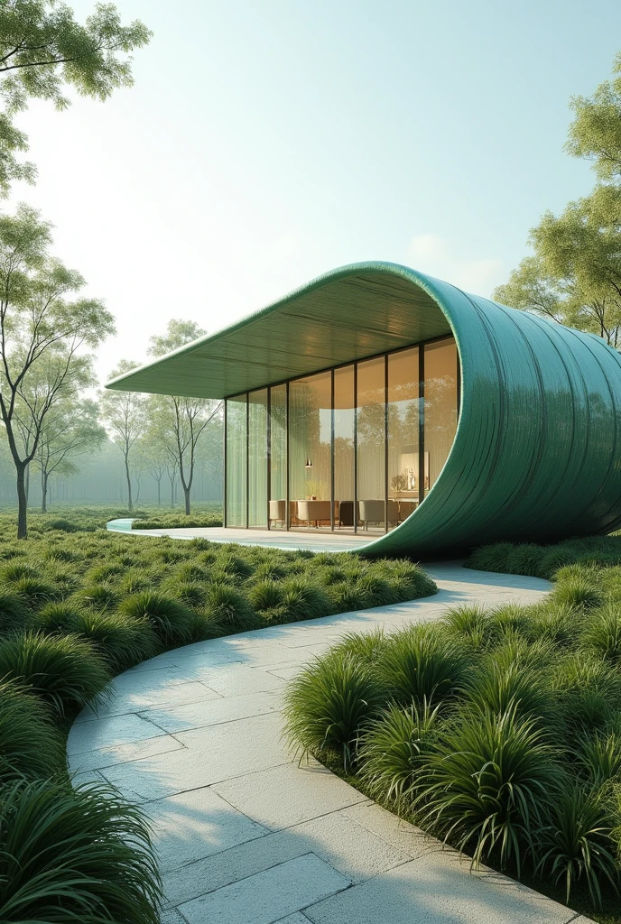 Rectangular pavilion with leaf-shaped roof, and built with recycled plastic, and glass on the sides of the facades