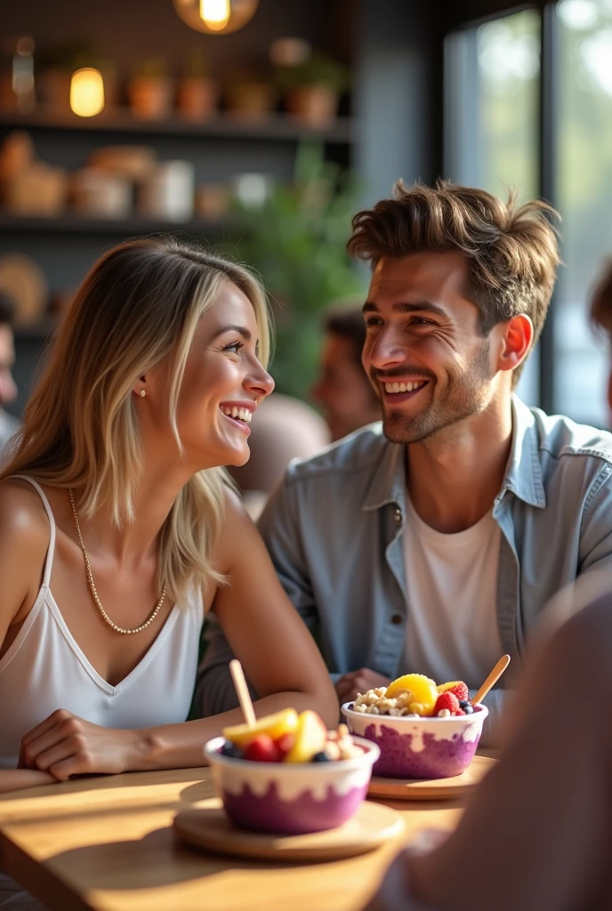 Man and realistic girlfriend , At the acai shop ,blonde hair eating acai , with friends Ultra HD, high qualiy, best qualityer, high resolution, 8k, 16K