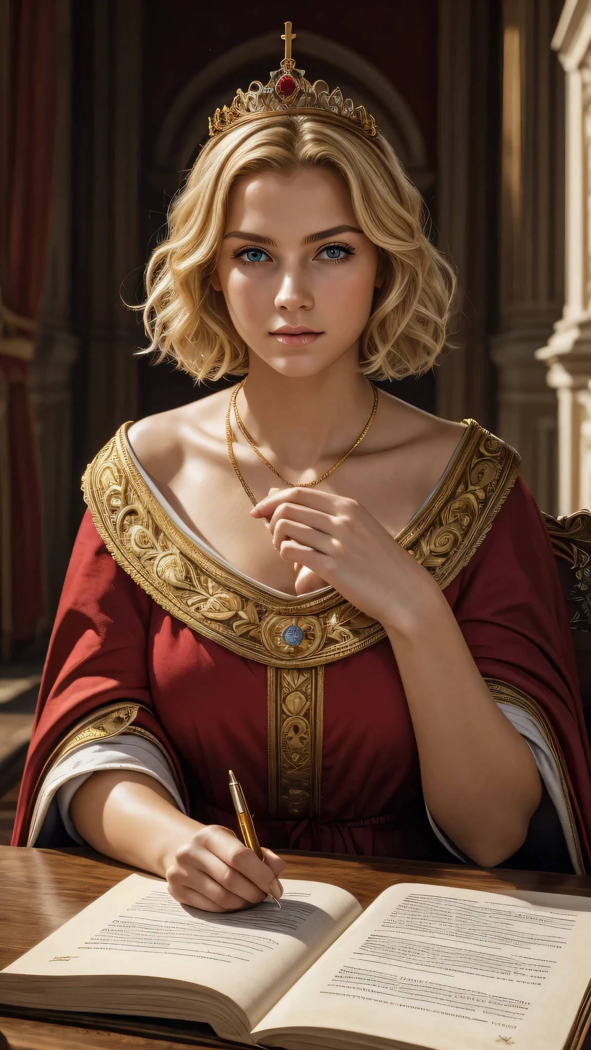 (Masterpiece: 1.2, Best Quality), Realistic, (Realistic Picture, Complex Details, Depth of Field), Best Quality, Masterpiece, Highly Detailed, Semi Realistic, 1 Girl, Mature Female, 21 Years Old, Blond Hair, Shoulder length Short Hair, Left Eye Covered with Hair, Blue Eyes, King's Clothes, Red Cloak, Slim Figure, Crown Made of Precious Gold, Reading Documents, Marking Documents, Goose Hair Pen, Office Table, Soft Bench, Palace, In the palace, during the Middle Ages