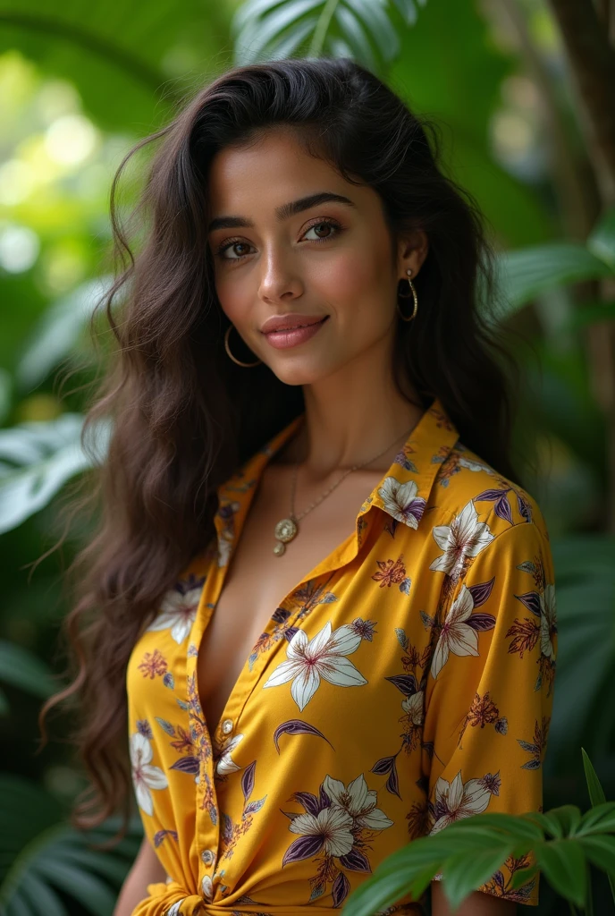 A Brazilian woman in a lush tropical garden, wearing an open shirt with a floral print, with a close-up capturing the harmonious beauty between her breasts and the natural flowers, showing off your natural charm and outgoing personality.