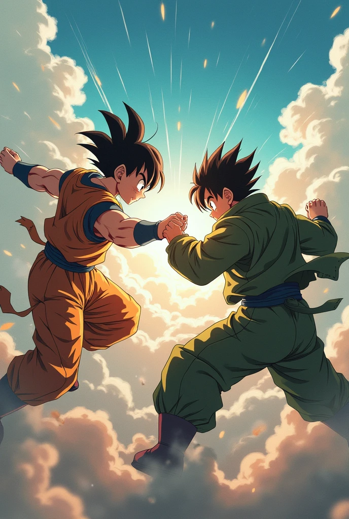 anime with good animation (young man with straight brown hair, expelling all his power and bumping fists with Goku in the sky) (the young man is wearing a green jacket like Ben 10's but destroyed by the combat)