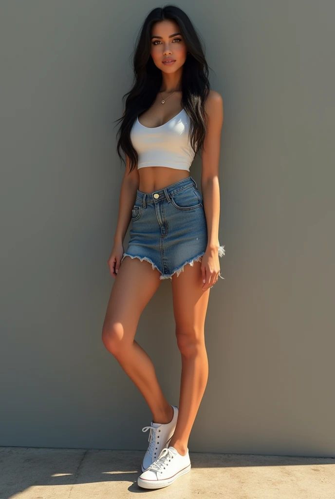 beautiful latina young women, brown eyes, full body, face details, eyes details, wearing crop top, little school skirt, big breast, straight black hair, outdoor in front of a grey wall, stand up, full body view, soft lighting, wearing sneakers, realistic, warm colors, generous bodies formes