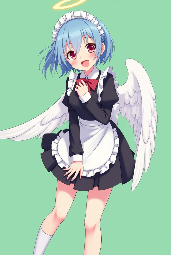Maid cafe maid with short blue hair, Red eyes, a sensual and happy expression, age range between 18 and 26 years, with angel wings, black uniform, anime style completely in 2D, with pastel colors, with a completely flat and green background