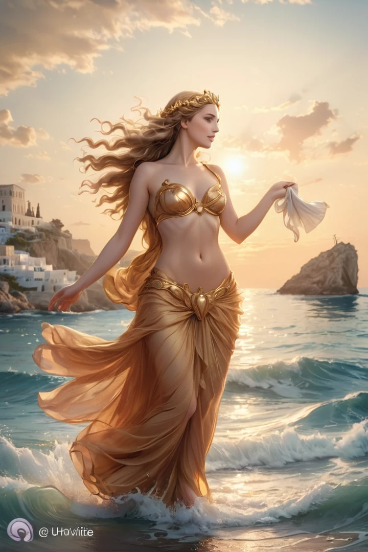 a naked woman in a golden skirt is walking on the beach, Karol behind uhd, gorgeous goddess, goddess of greek mythology, aphrodite goddess of love, goddess of the sea, Greek goddess, beautiful maiden, beautiful leo goddess, magali villeneuve', fantasy woman, goddess of the ocean, goddess of travel, by Alexander Kucharsky