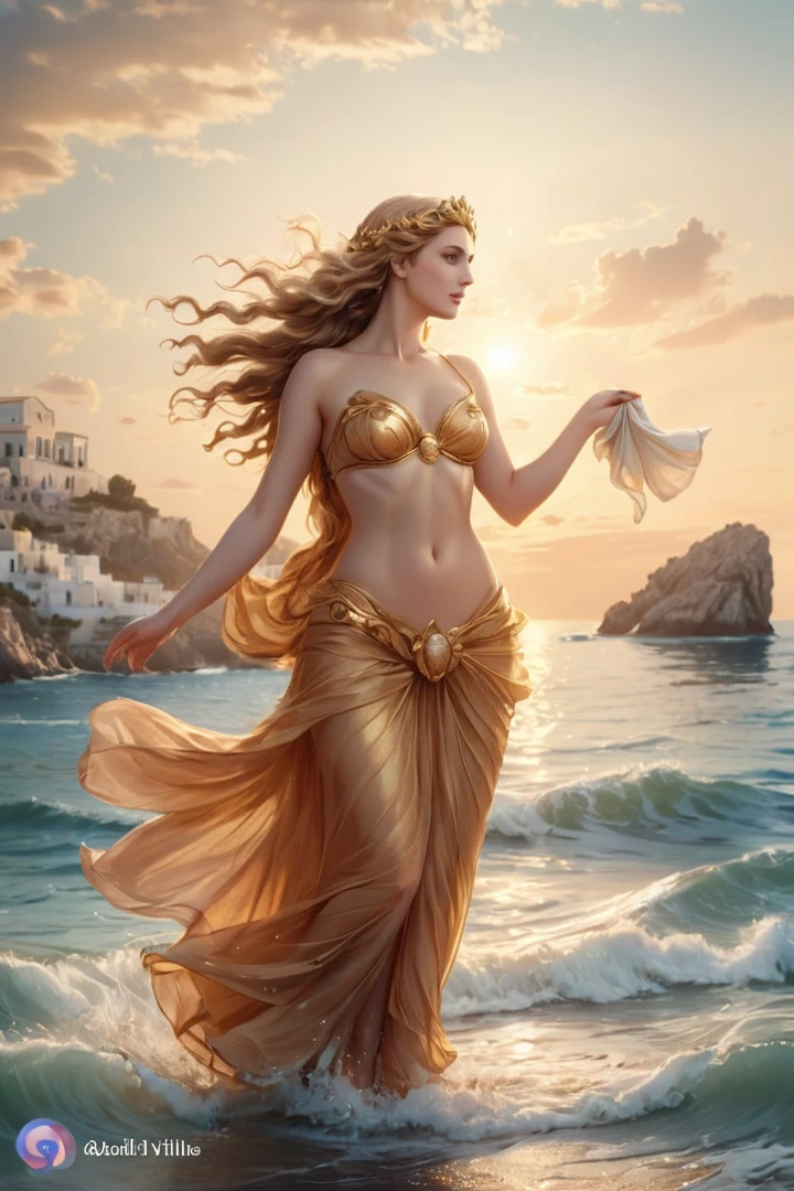 a naked woman in a golden skirt is walking on the beach, Karol behind uhd, gorgeous goddess, goddess of greek mythology, aphrodite goddess of love, goddess of the sea, Greek goddess, beautiful maiden, beautiful leo goddess, magali villeneuve&#39;, fantasy woman, goddess of the ocean, goddess of travel, by Alexander Kucharsky