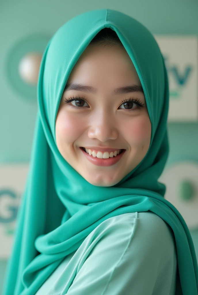 Glamorous portrait of beautiful Indonesian girl in turquoise green hijab with smiling face posing inside soap packaging, giv brand, photo studio, 3D original photo