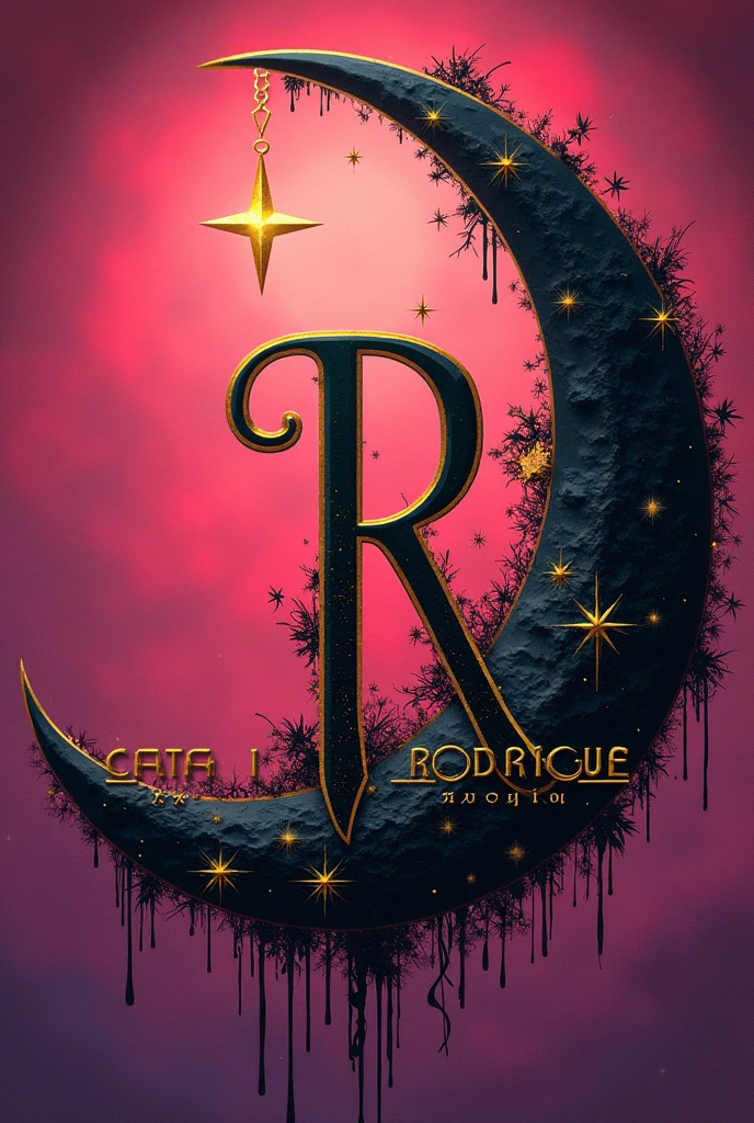 A gothic crescent moon with gold and black color with stars, Pink background , In the middle the capital letter R and at the bottom the phrase CATA RODRÍGUEZ BOUTIQUE in capital letters