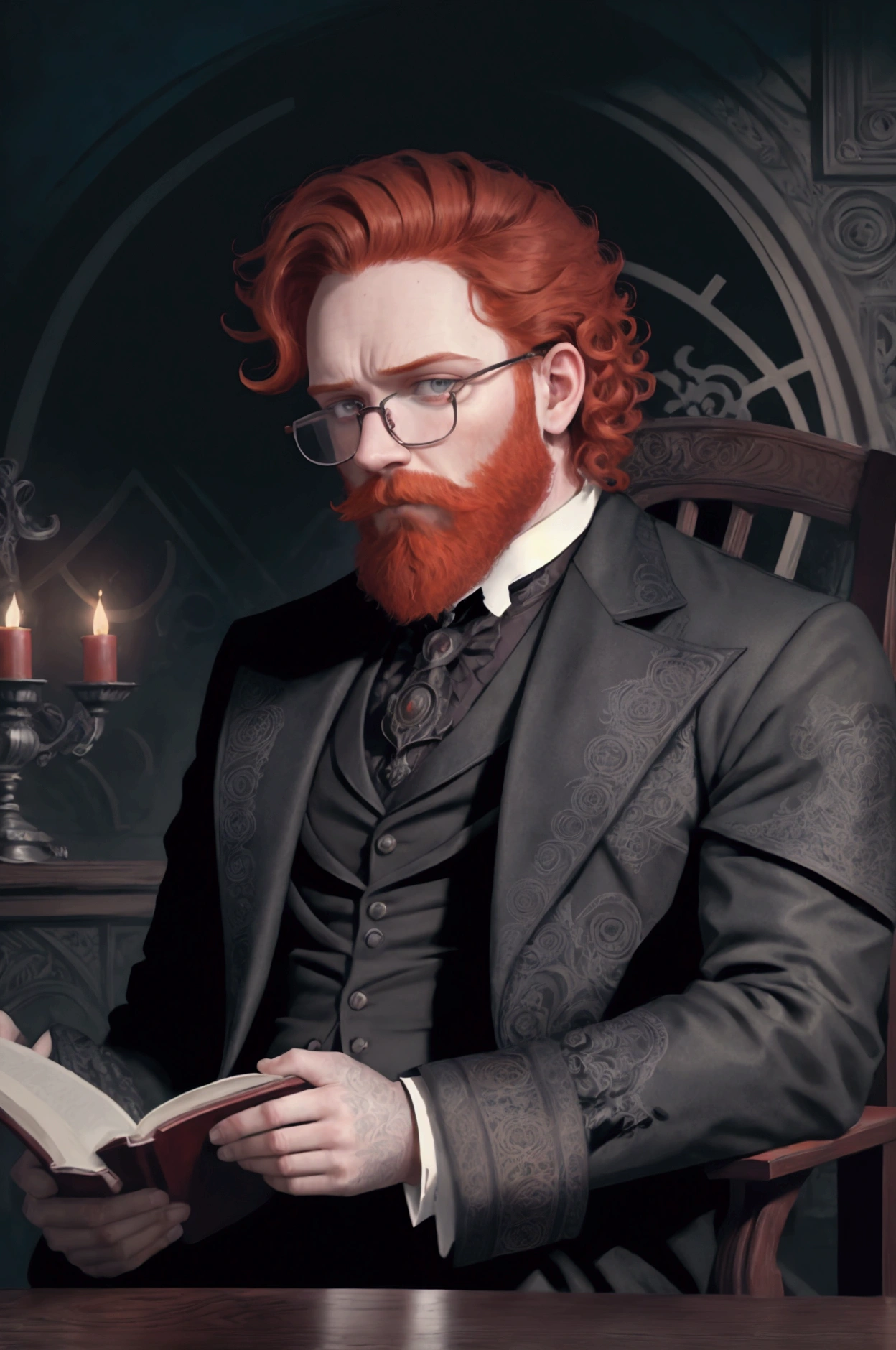 Young, handsome man, 26 years, Ginger, short curly hair, thick red beard, frowning, thoughtful look, looking away, sitting in a chair and holding a book. Dark eyes, frowning взгляд, wearing glasses with round frames. thin, high. victorian era, detailing, little light, Gothic