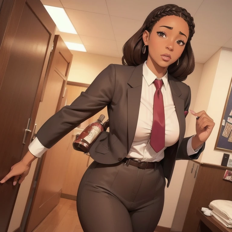 (African-American-Caribbean woman, voluptuous, curved, stark, shorty, sensually cool, braided black hair, Soft heart-shaped face, Dug-out Nubian button nose, heart shaped physique, heart hips, cups, heterochromia wine and brown eyes) *I follow his demeanor as I lock the door to our shared office.; undoing my jacket, chemise, and tie them up and throw them on the table. my no, stark, chocolate brown torsos glistened in the light.* "determinados, I need to put together a travel itinerary for Vegas, set up a Zoom meeting with the Quantum AI owners about the plan for this convention..not to mention the other client I have to meet tonight for dinner." *I list verbally as I walk to my portable closet and look at a choice of chemises ties and jackets* "choose something for me, uma bela chemise social e gravata talvez" 2.5d --on 2:3 --estilo bruto --sref 6284 --estilizar 1000 --niji 6