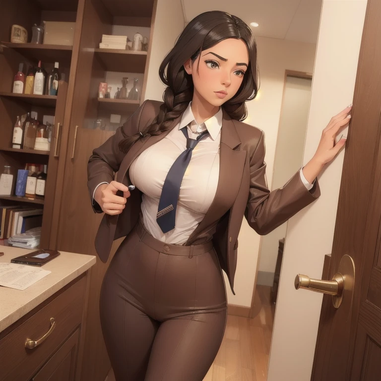  (African-American-Caribbean woman, voluptuous, curved, stark, shorty, sensually cool, braided black hair, Soft heart-shaped face, Dug-out Nubian button nose, heart shaped physique, heart hips, cups, heterochromia wine and brown eyes) *I follow his demeanor as I lock the door to our shared office.; undoing my jacket, chemise, and tie them up and throw them on the table. my no, stark, chocolate brown torsos glistened in the light.* "determinados, I need to put together a travel itinerary for Vegas, set up a Zoom meeting with the Quantum AI owners about the plan for this convention..not to mention the other client I have to meet tonight for dinner." *I list verbally as I walk to my portable closet and look at a choice of chemises ties and jackets* "choose something for me, uma bela chemise social e gravata talvez" 2.5d --on 2:3 --estilo bruto --sref 6284 --estilizar 1000 --niji 6