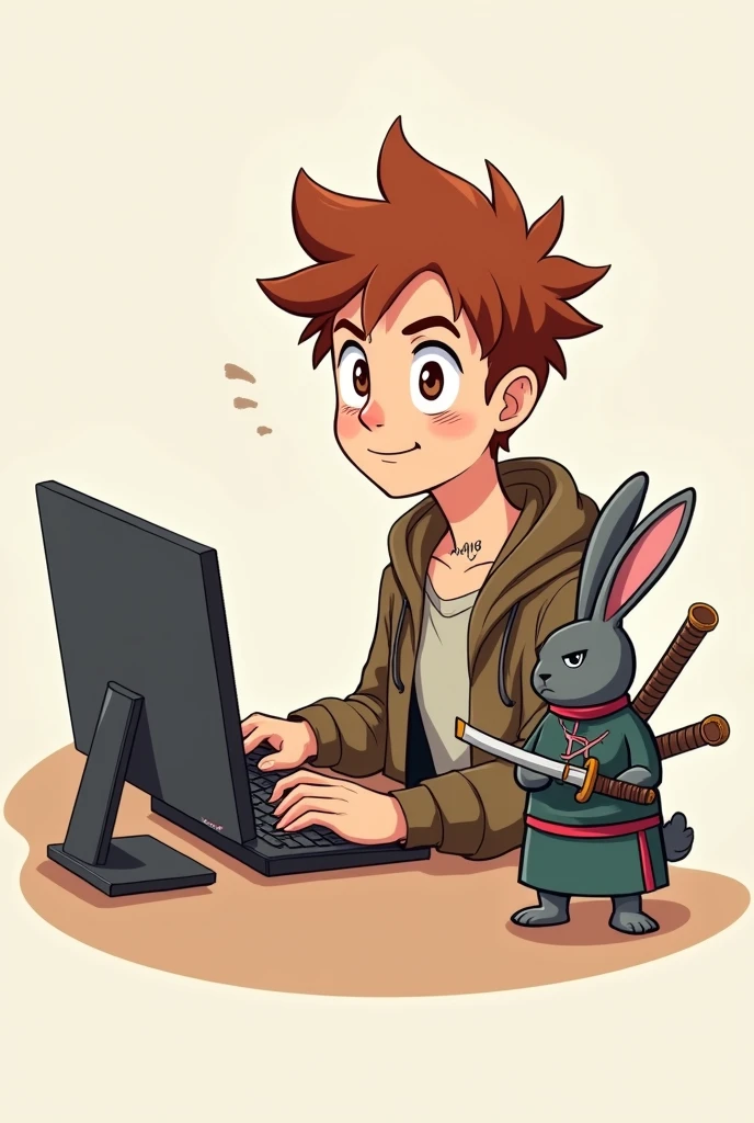 A game guy doing live on the computer, offwhite, chestnut hair, nose a little big, no beard, Youngh, appearance of with 1 small and unique tattoo on the neck written " GN9 ", and with a ninja rabbit holding two swords by his side as his pet. make paper drawing style