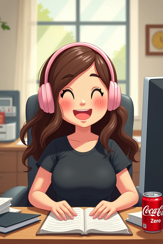 Create a drawing illustration that will be used as a cake topper, focus on the main visual elements you described: - The front desk, with long straight hair below the breasts - Wearing a black t-shirt - Sitting in an office chair, eagerly, in front of a computer but smiling. - Using small wireless earbuds that look like pink hearing aids that only cover your ears, indicating that you are on a call. - An open can of Coca-Cola Zero on the table next to the keyboard. - in the image you can see papers and notepads, printer, diary and a black notebook - SHE IS FOCUSED ON THE COMPUTER, the image is more panoramic. We can see the desk, the notebook, the printer and the secretary from the front. She has very long brown hair and she is a little chubby. Her hair goes below her breasts. She is a little chubby and the coke is zero. The image has to be from the front and she is smiling and friendly. It can be something more cartoonish, like a cartoon. Place the coke zero on the desk. Make the secretary a little chubbier and put a notebook, not a computer. Her hair needs to be below her hips. In front of the notebook. I want the image from the front. Her face needs to be rounder. The headset has to be bigger and light pink. Use light pink headphones, like a hearing aid. Her eyes are brown and the coke has black writing.