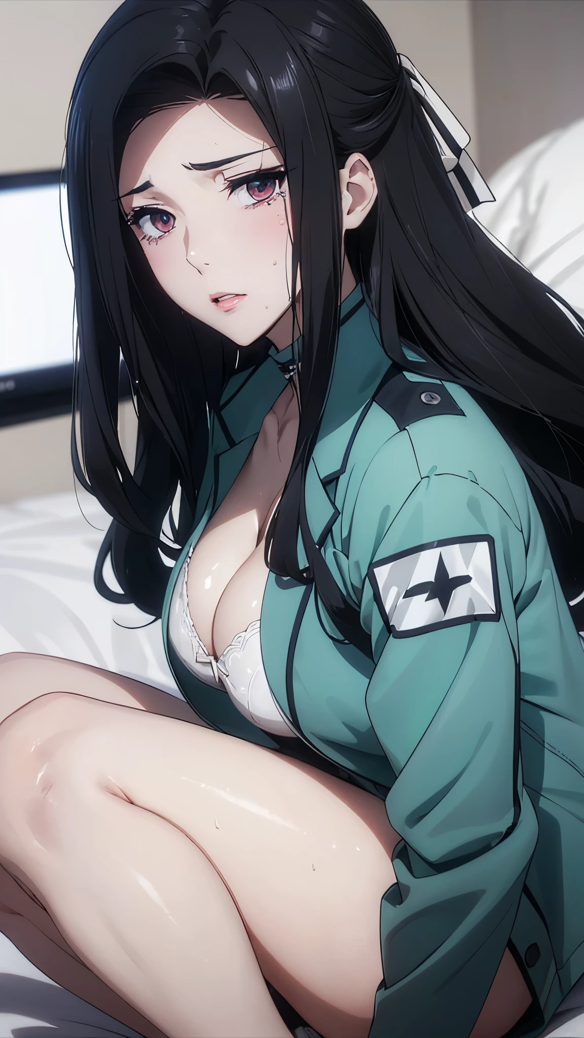1 personの, alone, masterpiece, Highest quality, The Irregular at Magic High School, Mayumi Saegusa,Mayumi Saegusa, iris, Red eyes, eyelash, Black Hair, Long Hair, Back ribbon,High School Uniform, green jacket, cropped jacket, open jacket, Long sleeve,  (masterpiece: 1.3), (Maximum resolution: 1.2), (Ultra High Definition TV: 1.2), Cinematic Light, 8k resolution, Detailed facial features , (Sharp focus: 1.2）, (Focus on the face:1.2),Perfect Style, Beautiful Face, Acura, Anatomically correct, Highly detailed face and skin texture, Beautiful Eyes,Beautiful Eyes, Thin eyebrows, Natural Cheeks, Glowing Skin, Fair skin: 1.2, (Glossy Lips: 1.4),、 (Embarrassed look: 1.2),Highly detailed face and skin texture, Natural Cheeks, , Glossy Lips: 1.4,Perfect Style、Cleavage、Soft Breasts、（Semen on chest:1.6）（Cum on thighs 1.5）、 Overflowing sperm、Drenched in sweat、Wet clothes、blush、A humiliating look、Anxious expression、Frightened expression、Embarrassed look、Glare、anger、sorrow、tears、（Open your knees:1.5）、（Spread your legs:1.5）、 White underwear、Disheveled clothes、sweating、Thin underwear、18-year-old、 clear, A clean-cut woman,1 person、 Upward-facing chest, Black Hair、blue eyes、Beautiful Eyes、Torn clothing、（masturbation behavior:2.0）、At the bed、（On my back、At the bedLying down、Lying down、White sheets:1.7）、avert your eyes、