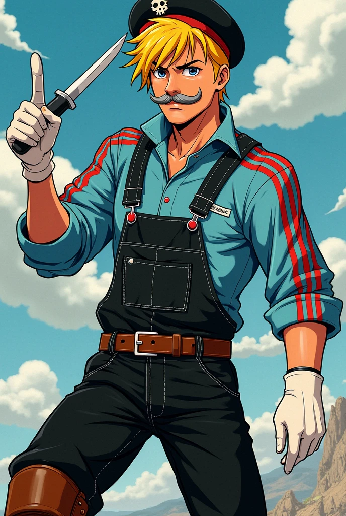 (Manga Type Drawing) Man Wearing black overalls, a sky blue long-sleeved shirt with red stripes, white gloves, brown boots, a trimmed gray mustache, yellow and gold hair, a beret with a skull in the center, holding a knife with his right hand and extending his left hand ,perfect,young