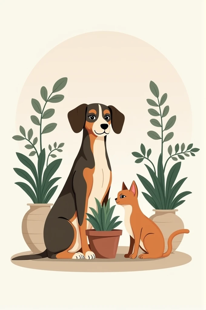 An elegant and harmonious logo representing a store that combines elements of art, paint, Pets, plants and decoration. A dog and a cat sit together in the center, sharing a pot with a succulent plant. Around them, se encuentran dibujos abstractos inspirados en paints modernas y urnas con plantas suculentas. This logo conveys a sense of harmony and empathy between animals., nature and art.