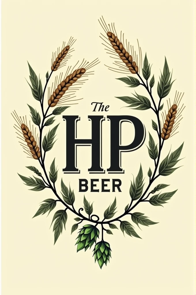 Beer label with the name HP BEER with branches of barley and hops