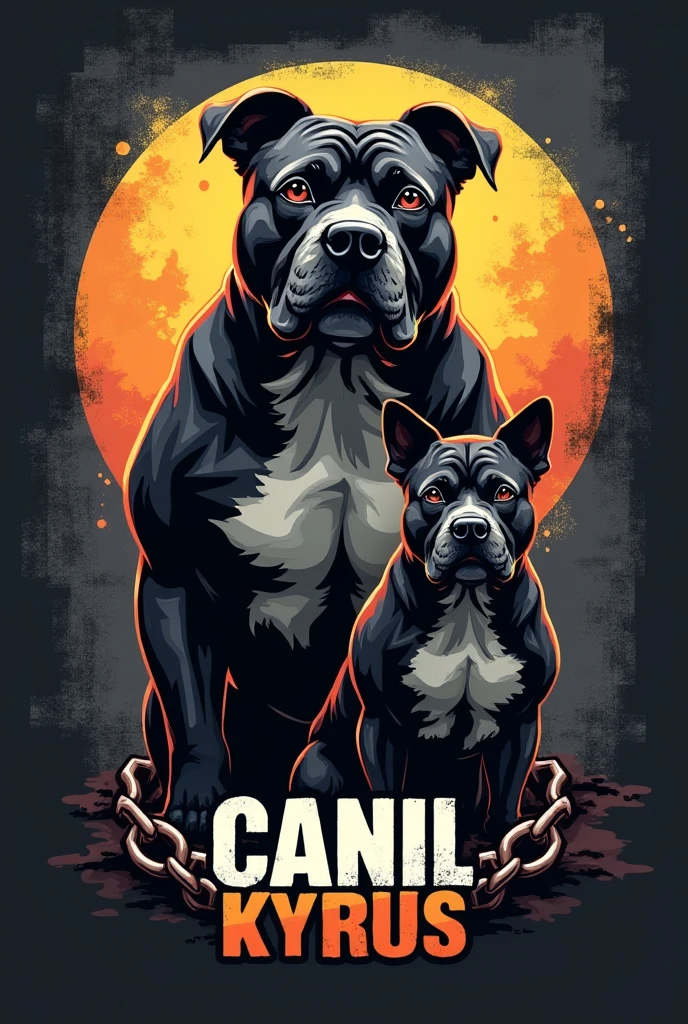 Make an image of a logo with an adult American Bully and another puppy together and rough with some chains with the name Canil Kyrus