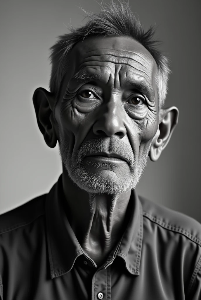 A 60-year-old man with indigenous features, Peruvian, with a drooping, closed eye, in black and white, without curls, thin and wearing a shirt