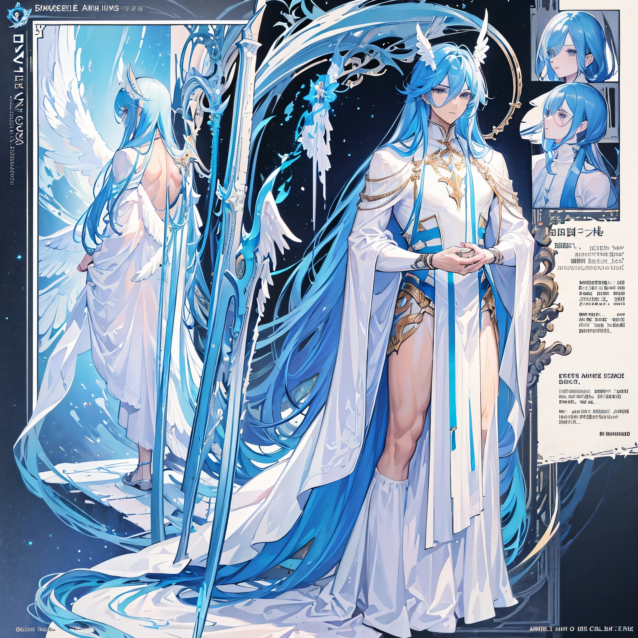 (Masterpiece, best quality), detailed, 1 man, ((character concept art)), ((character design sheet, same character, front, side, back)), full body, body complete, 1 Male angel, 1 Man angel, Detailed face, character design sheet,full bodyesbian, Highly detailed, character sheet, character design, Many parts, dark skin, angel wings, long blue hair, angel outfit, muscle male god, male clothes, masculine, muscle man, male muscle, manly, male angel, Muscle male with long blue hair,beautiful man, beautiful muscle man