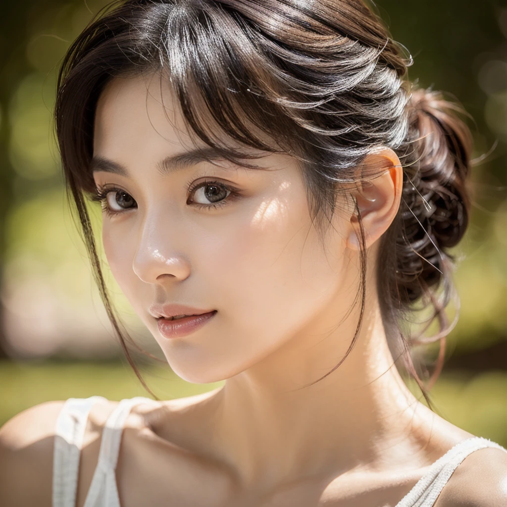 An ethereal and breathtakingly beautiful Japanese model and actress in her early 20s, depicted in an ultra-high-definition 4K close-up that reveals every intricate detail of her facial features. Her skin is hyper-realistic, showcasing a flawless complexion with a natural, warm beige undertone that exudes a soft, healthy glow. The skin tone is slightly warm, with a subtle hint of a sun-kissed hue, avoiding excessive paleness while maintaining a smooth and supple appearance. The texture of her skin is meticulously detailed, with visible yet refined pores, a gentle dewiness that captures the light perfectly, and a natural elasticity that conveys a soft, supple feel. Each tiny detail, from the barely-there peach fuzz along her jawline to the gentle flush of her cheeks, is rendered with astonishing precision. Her large, almond-shaped eyes are a deep, entrancing brown, with irises displaying complex color variations and reflections that give them a striking depth. The eyes are framed by perfectly arched brows and naturally curled, thick lashes that create delicate shadows on her upper cheeks. Her lips are naturally full and slightly parted, with a soft, velvety texture and a delicate sheen, capturing the light in a way that emphasizes their plumpness and smoothness. Her straight, glossy black hair frames her face, each strand individually defined, reflecting a soft, natural sheen that adds to the overall realism. The lighting is expertly calibrated, using a combination of diffused natural light and soft fill light to enhance the contours of her face, creating subtle, realistic shadows and highlights that bring out the texture of her skin and the depth of her features. Her expression is serene and confident, with a slight, enigmatic smile that adds an aura of sophistication and allure. The overall composition is designed to evoke a sense of ethereal beauty, with every element, from the finest details of her skin to the gentle fall of her hair, crafted to surpass human perc