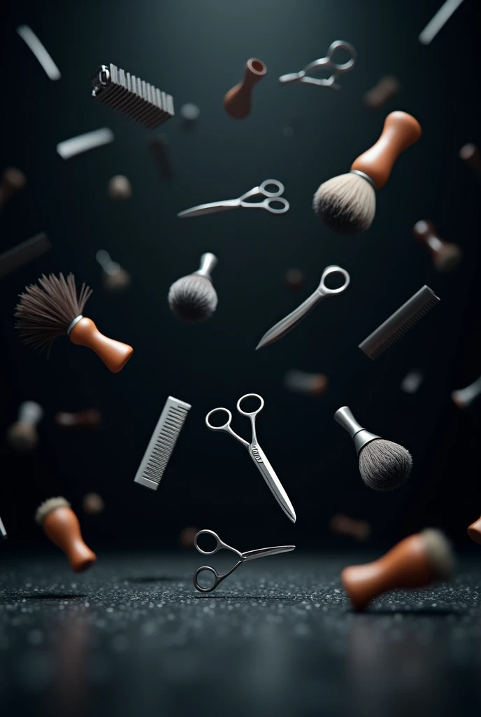 Black background with barber stuff floating in animation