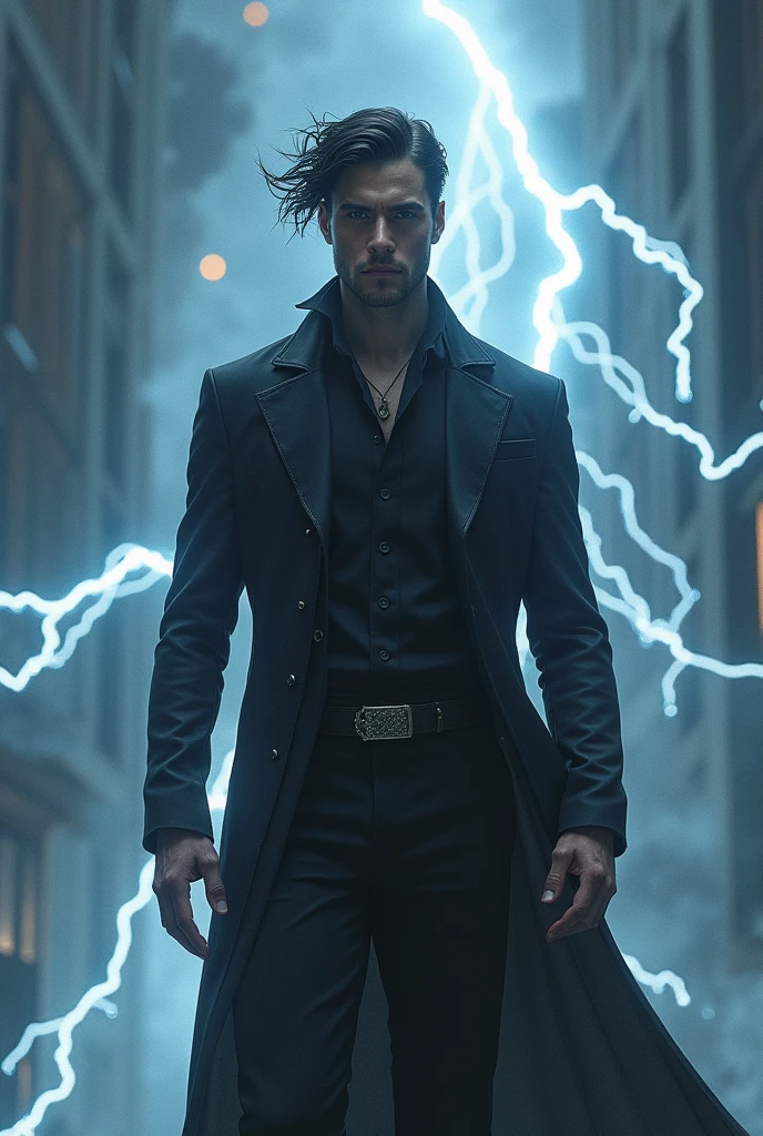 Long black haired man in cool clothes with lightning powers