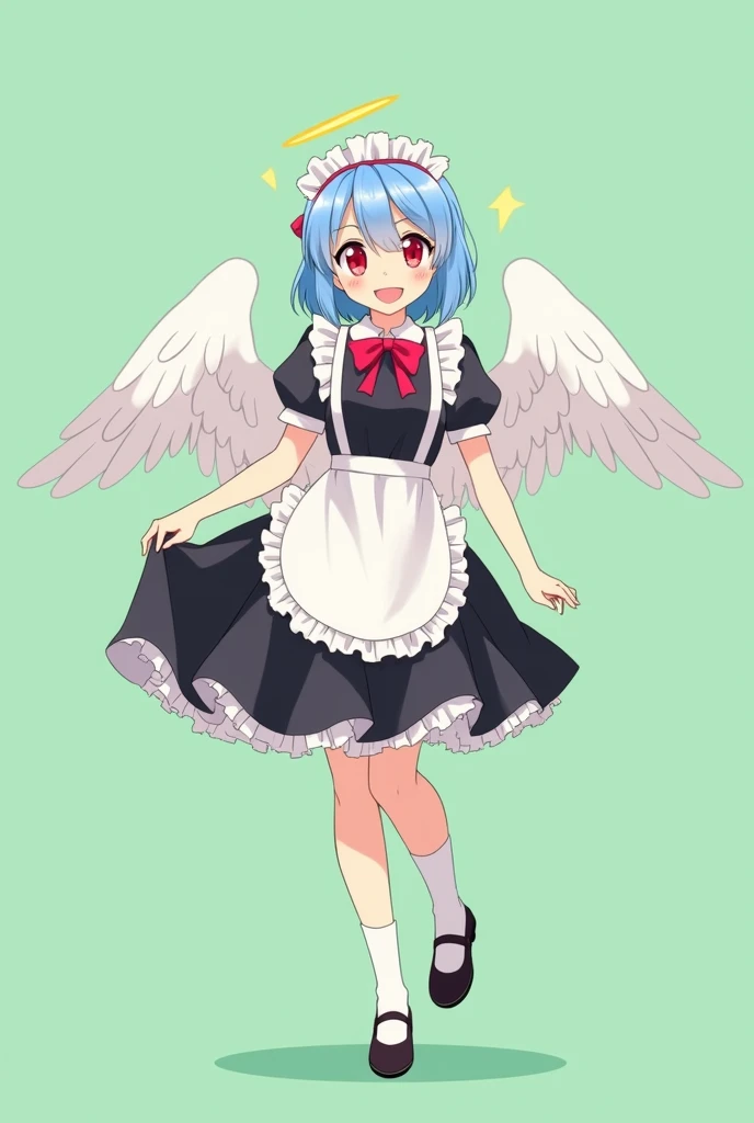 Maid cafe maid with short blue hair, Red eyes, a sensual and happy expression, age range between 18 and 26 years, with angel wings, black uniform, anime style completely in 2D, with pastel colors, with a completely flat and green background