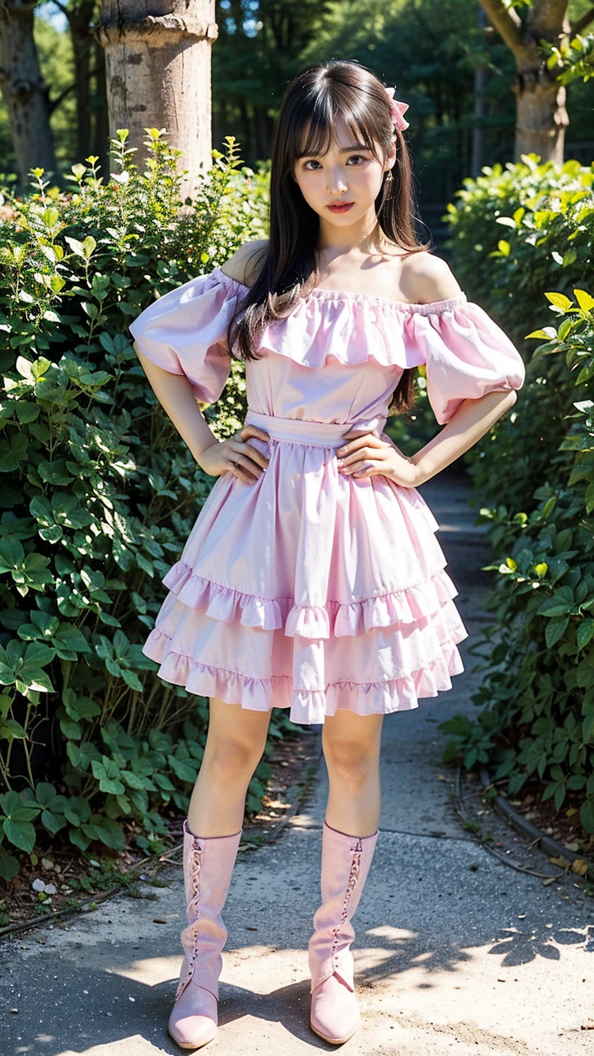 (8k、RAW Photos、Highest quality、masterpiece:1.2)、(Realistic、Realistic)、1 person、((View from the front、Looking into the camera、pink、Off the shoulder、Mini Dress、boots、ee-through、Standing with one hand on hip、garden、Frills、))、cute