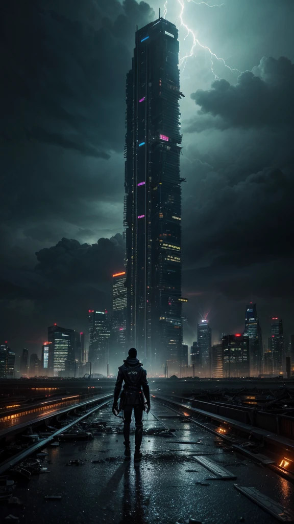 A futuristic, dystopian cityscape under a dark, stormy sky, with towering skyscrapers partially in ruins. In the foreground, a lone figure stands on the edge of a shattered bridge, looking out over the chaotic scene. Neon lights flicker in the background, casting an eerie glow over the debris-strewn streets. The figure's silhouette is illuminated by flashes of lightning, emphasizing a sense of inner turmoil and determination. The atmosphere is a mix of destruction and ethereal beauty, with a contrast between the decaying city and the lingering hope in the figure's stance.