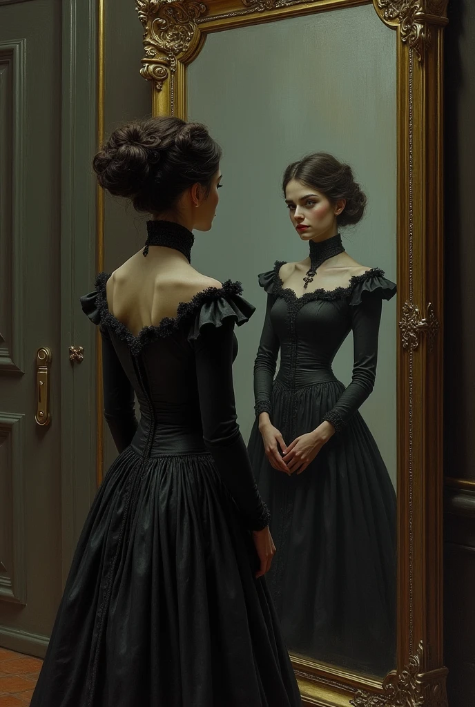 Victorian era woman looking at herself in a large mirror 