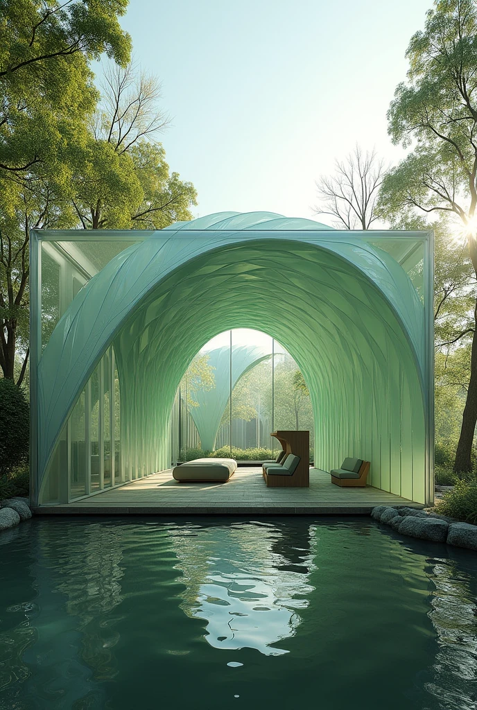Rectangular pavilion with leaf-shaped roof, and built with recycled plastic, and glass on the sides of the facades
