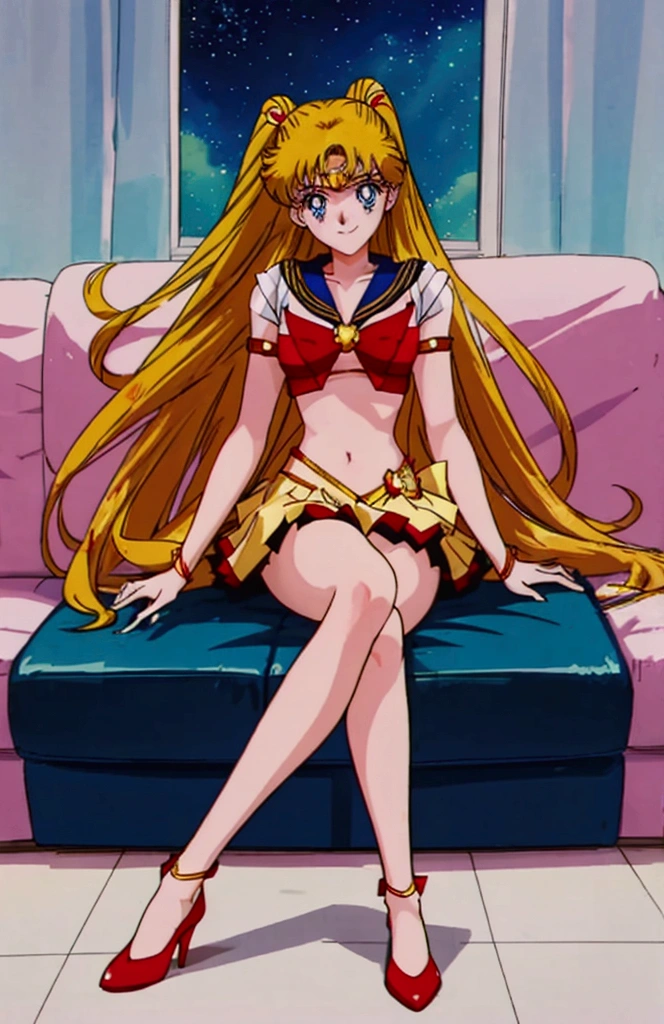 sailor venus, Long hair, by rubio, hits, blue eyes, 1 girl, Alone, bare shoulders, Strapless, belt, medium chest, Red shirt, red mini skirt, Sitting on a sofa, seductive smile, Whole body, bare legs with red heels, crossed legs,long live sailor march